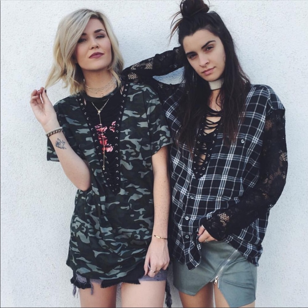 LF Furst of a Kind Plaid Lace Up Lace Sleeve Tunic